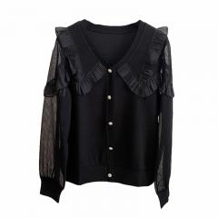 蕾丝纱网V领衬衫木耳边长袖打底显瘦