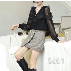 蕾丝纱网V领衬衫木耳边长袖打底显瘦