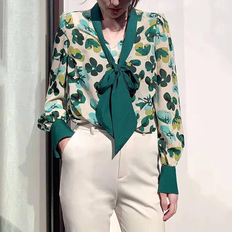 飘带雪纺绿碎花衬衫长袖宽松上衣春季款V领气质女