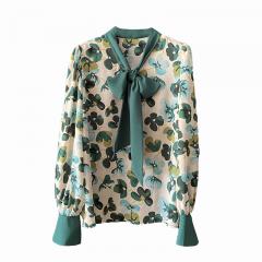 飘带雪纺绿碎花衬衫长袖宽松上衣春季款V领气质女