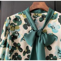 飘带雪纺绿碎花衬衫长袖宽松上衣春季款V领气质女