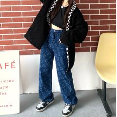 爱心满印提花高街裤子女春秋款美式高腰显瘦直筒宽松牛仔裤潮ins