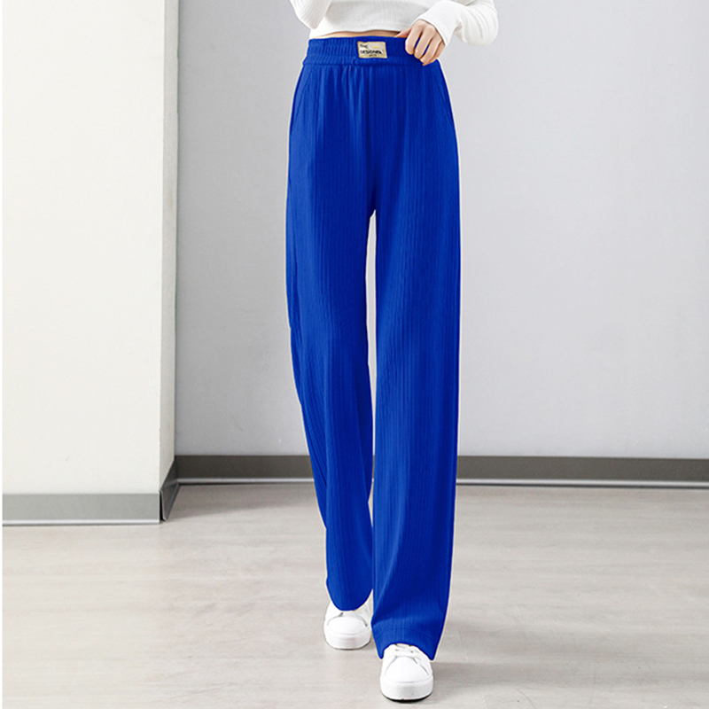 时尚松紧腰阔腿裤女高腰显高显瘦裤子宝蓝色