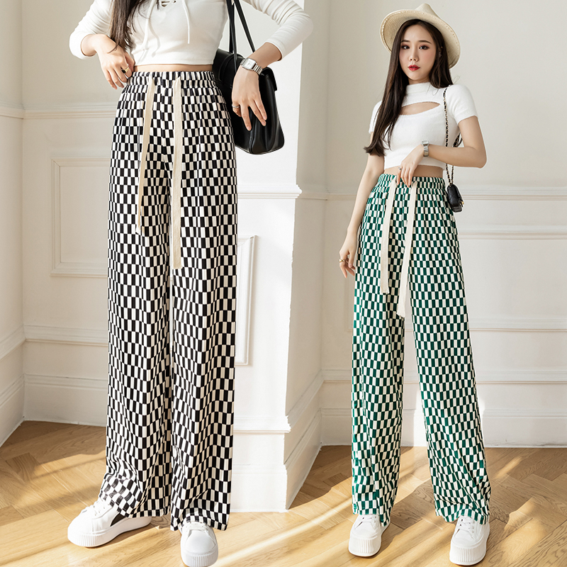 休闲棋盘格子裤子女宽松韩版bf慵懒风直筒垂感高腰拖地阔腿裤夏季