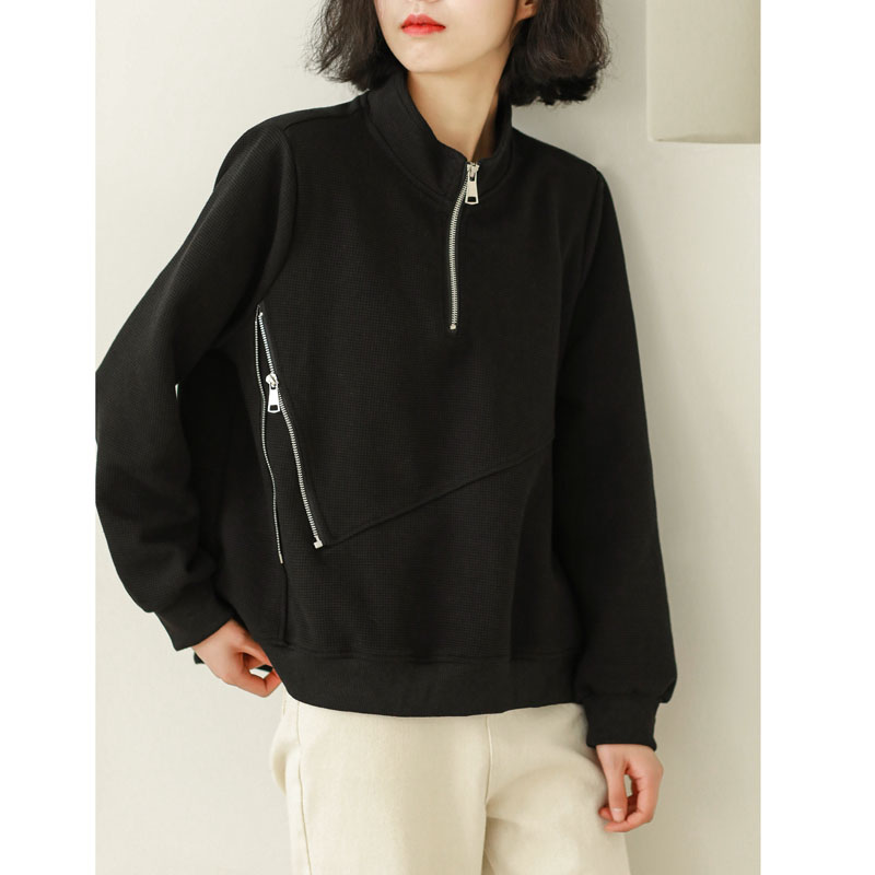 气质百搭新款立领半拉链套头纯色设计感洋气休闲长袖上衣女