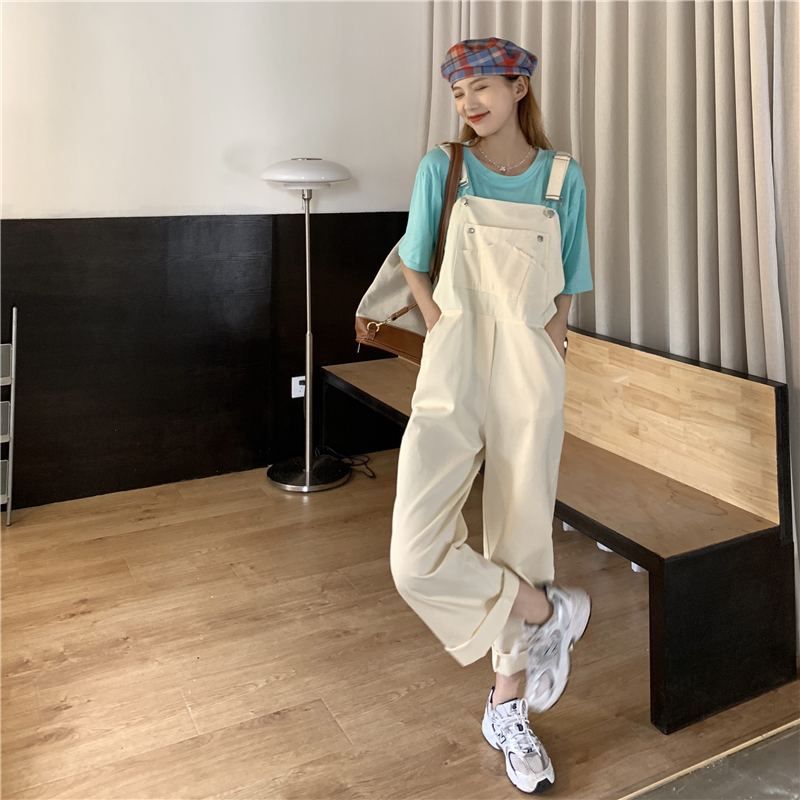 夏季新款减龄休闲显瘦直筒阔腿潮宽松牛仔背带裤+纯色T恤女