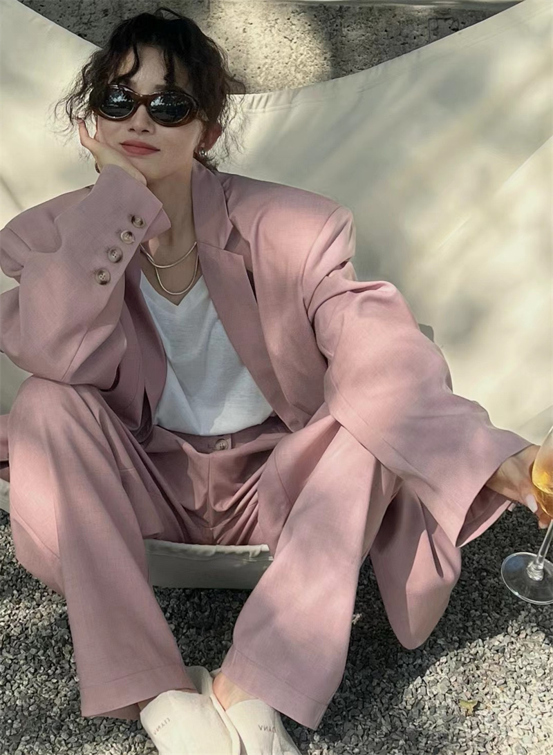 春季新款垫肩气质西装外套＋复古时尚宽松西裤套装