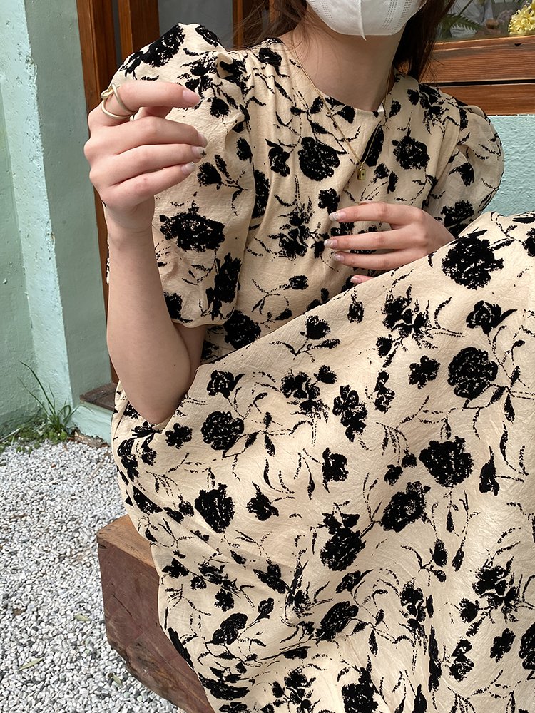 中古风水墨泡泡袖连衣裙新漂亮梨形身材夏