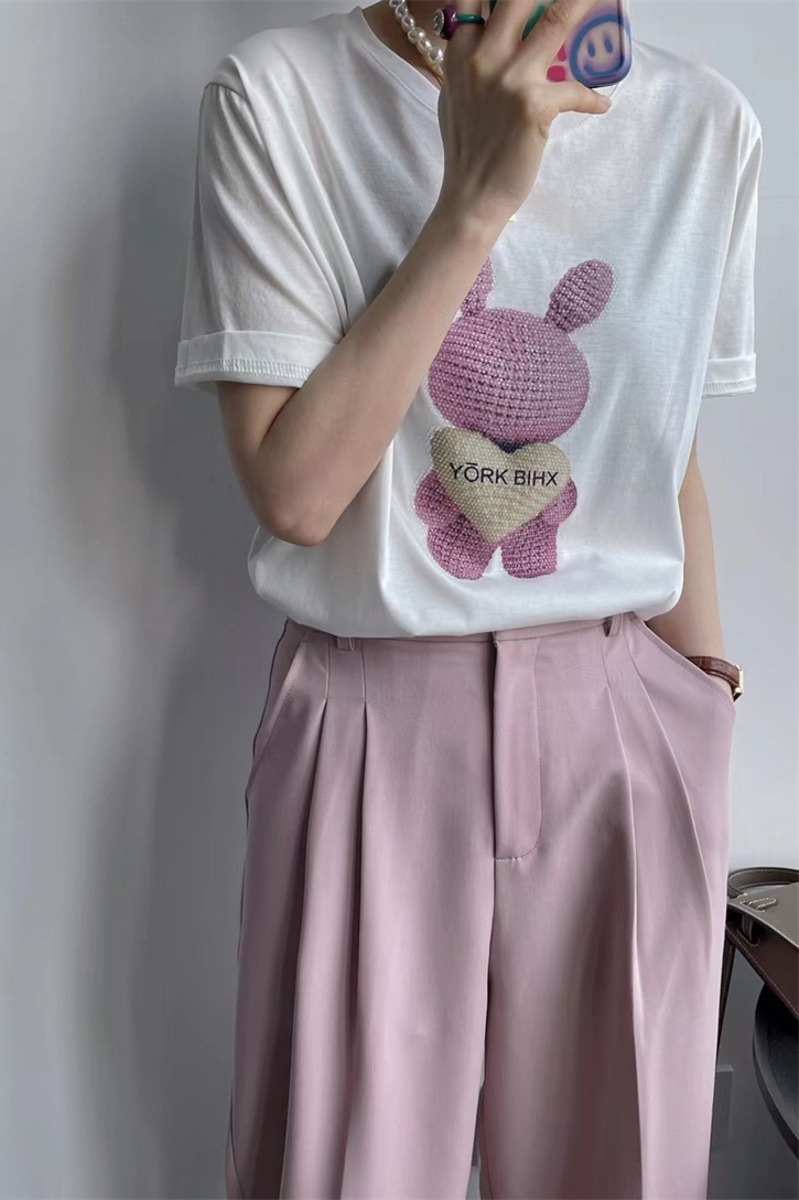 夏季宽松圆领学院风撞色卡通小熊图案白色打底衫潮