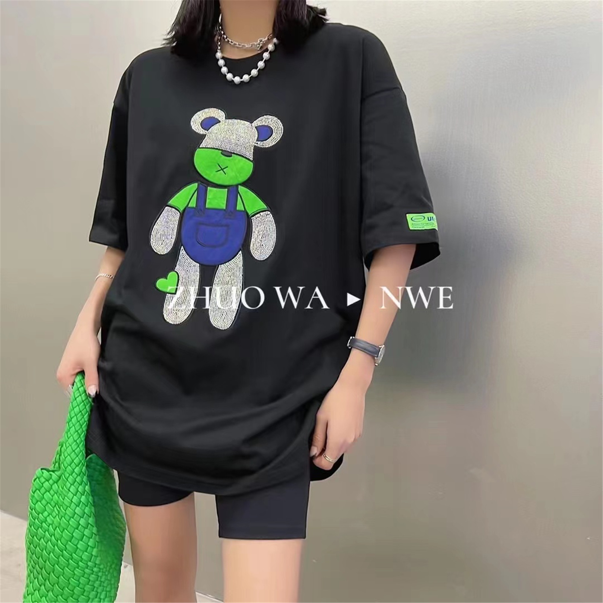 夏季新款欧货宽松小熊烫钻工艺上衣百搭显瘦短袖T恤女