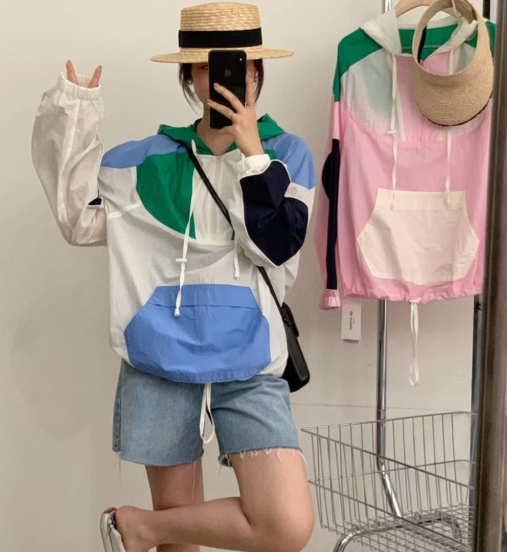 夏装新款韩国半拉链套头时尚拼色韩系带帽休闲防晒外套
