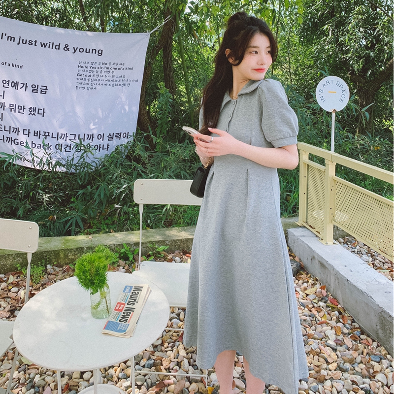 夏季新款韩版简约百搭灰色显瘦长款翻领polo运动休闲连衣裙