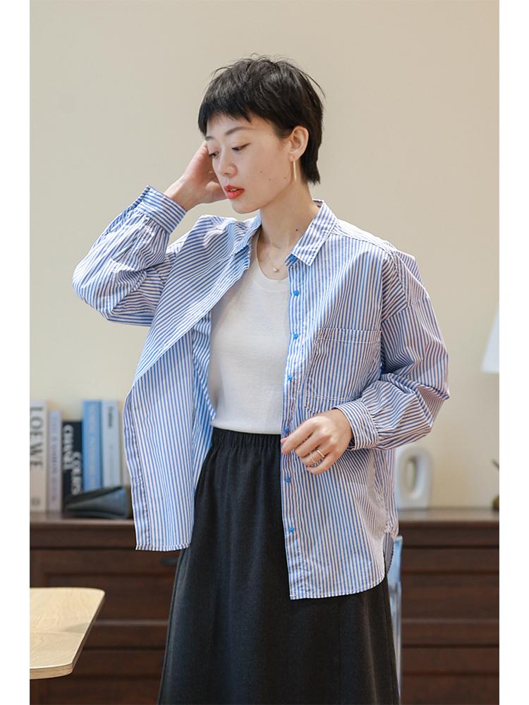 新叠穿内搭条纹衬衫女设计感小众清新蓝白条宽松纯棉衬衣