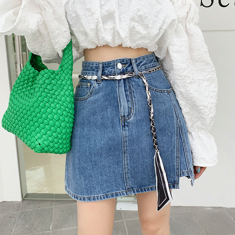 夏季新款牛仔半身裙女 高腰修身显瘦包臀时尚开叉设计A字裙裤