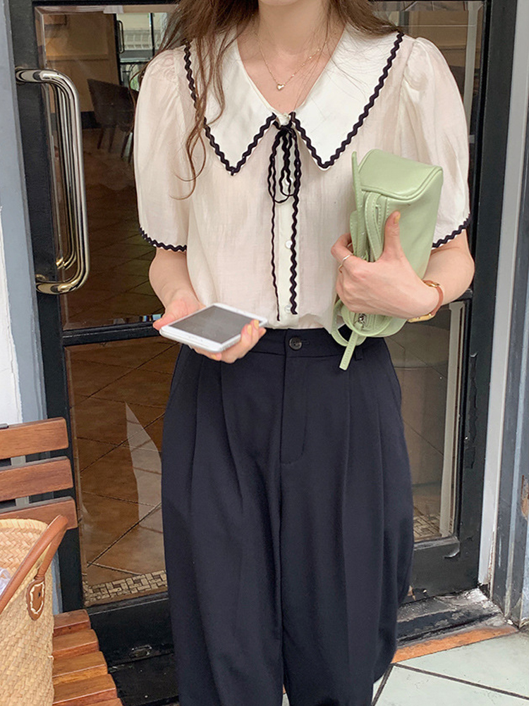 夏季新款撞色拼接翻领泡泡袖衬衣上衣