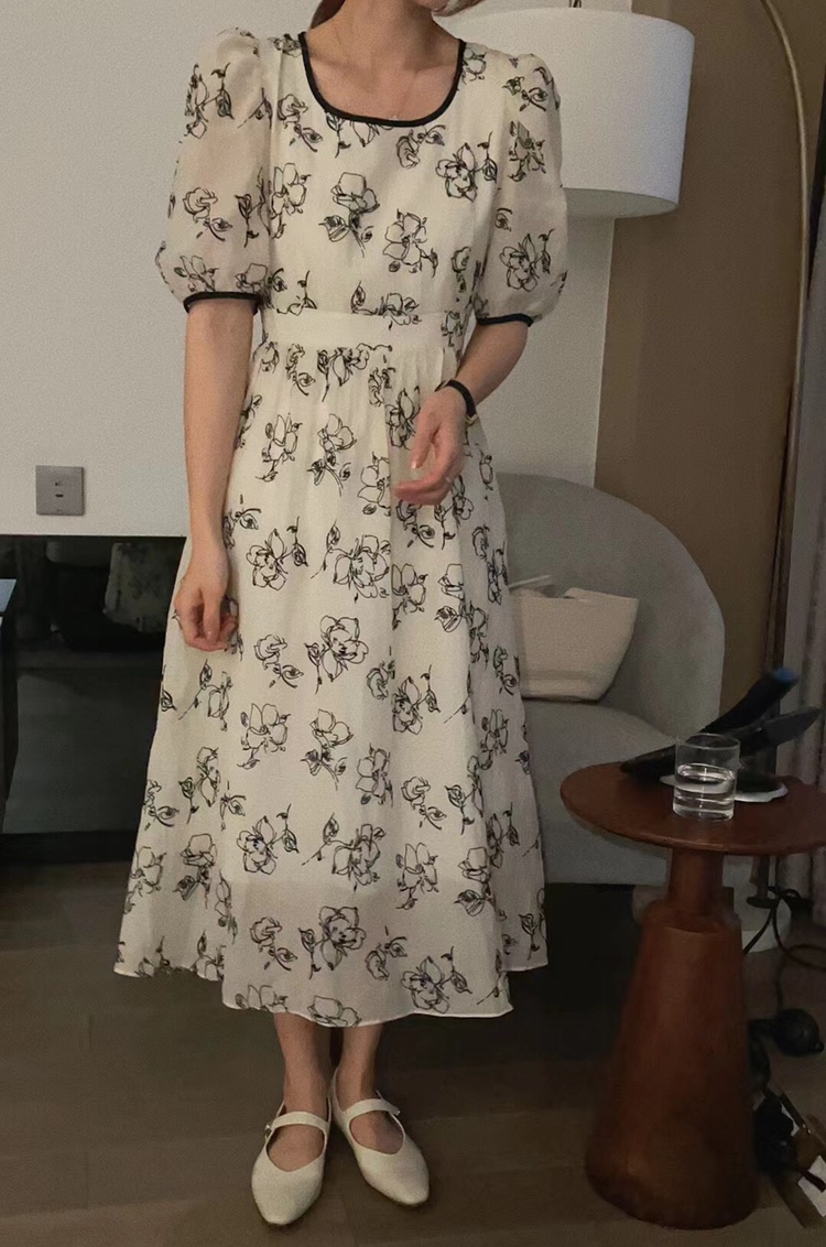 夏新款女气质泡泡袖水墨画雪纺碎花连衣裙子