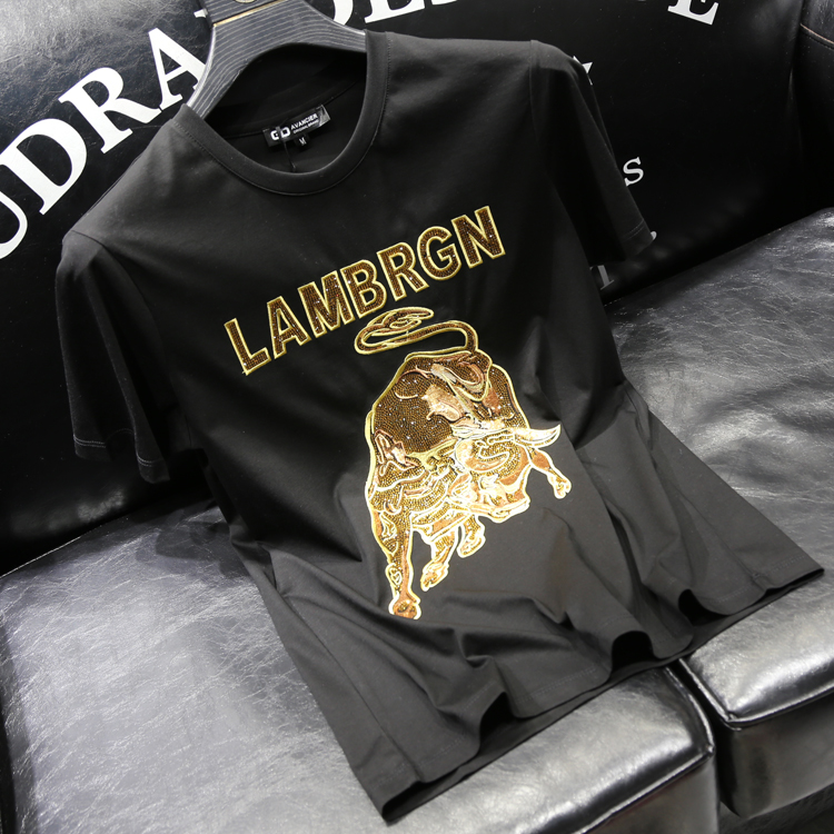 欧货双丝光棉牛气冲天金牛刺绣烫钻重工圆领修身弹力短袖