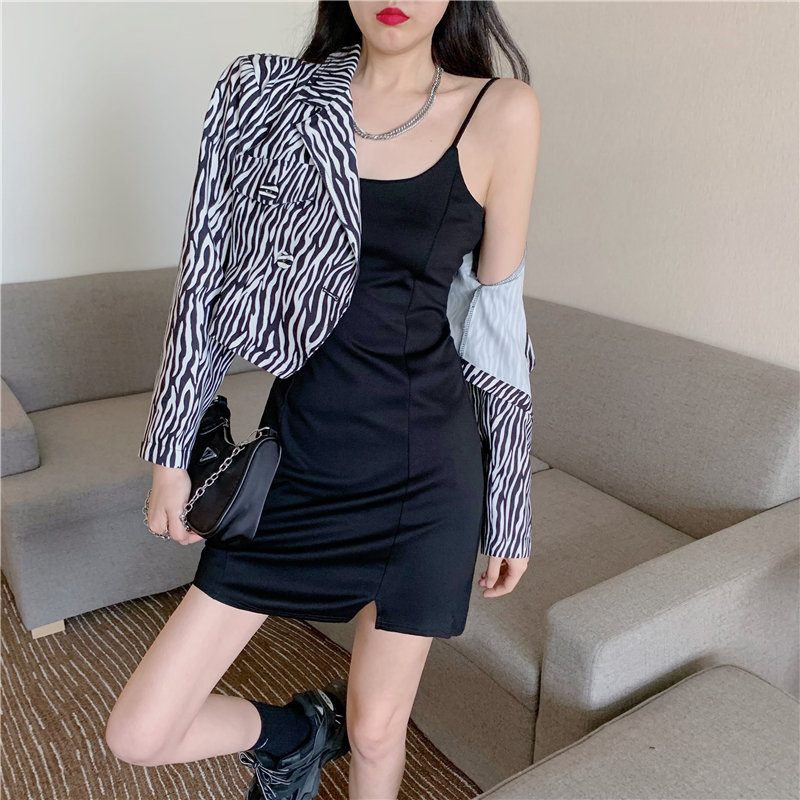 时尚斑马纹外套女夏季洋气时髦休闲小个子吊带连衣裙两件套装