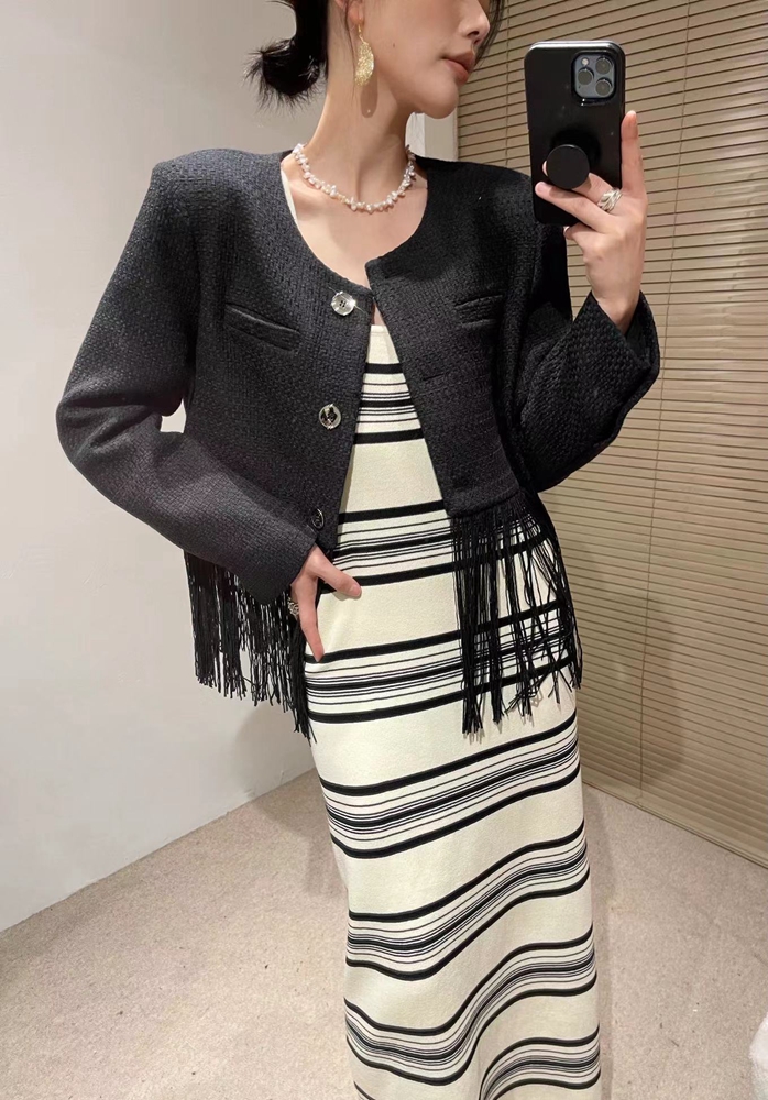 小香风无领小众设计感流苏开衫短款西服上衣女