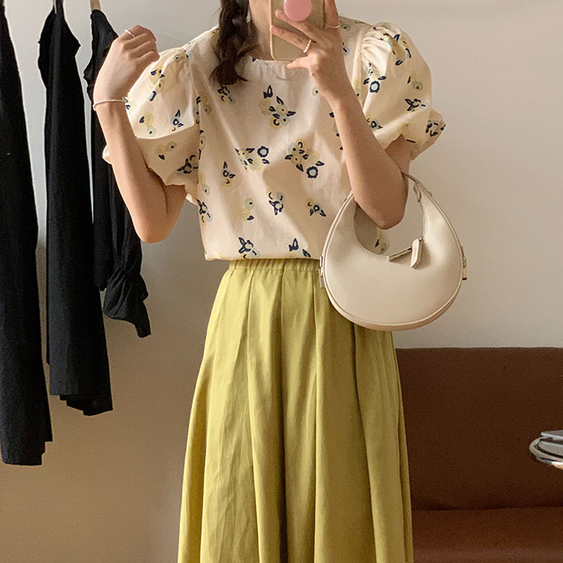 韩国chic夏季法式甜美圆领泡泡袖碎花衬衫