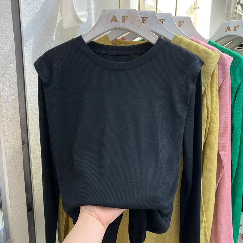 欧货垫肩设计感纯色长袖T恤春季新款修身内搭打底衫上衣