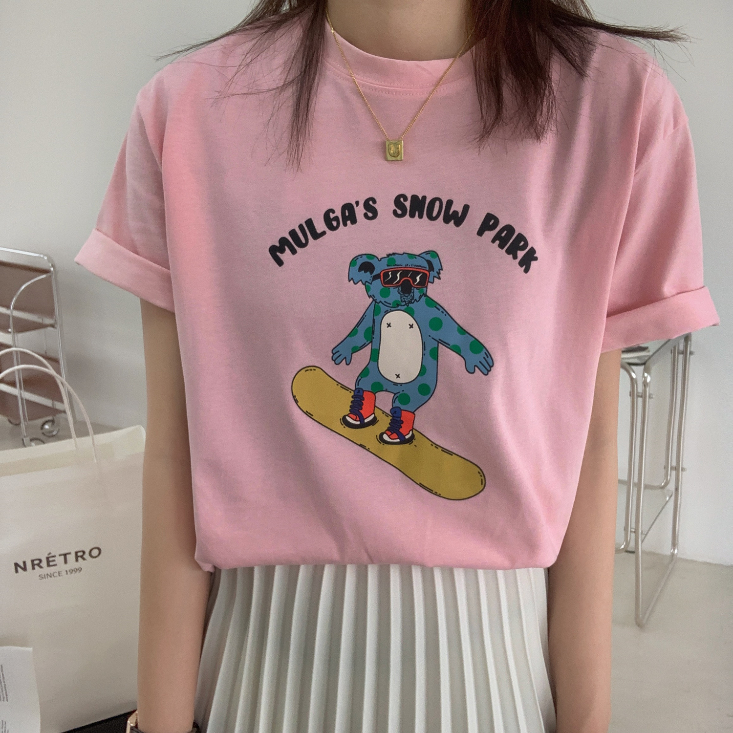 夏季圆领卡通滑板小熊印花短袖t恤女宽松休闲上衣