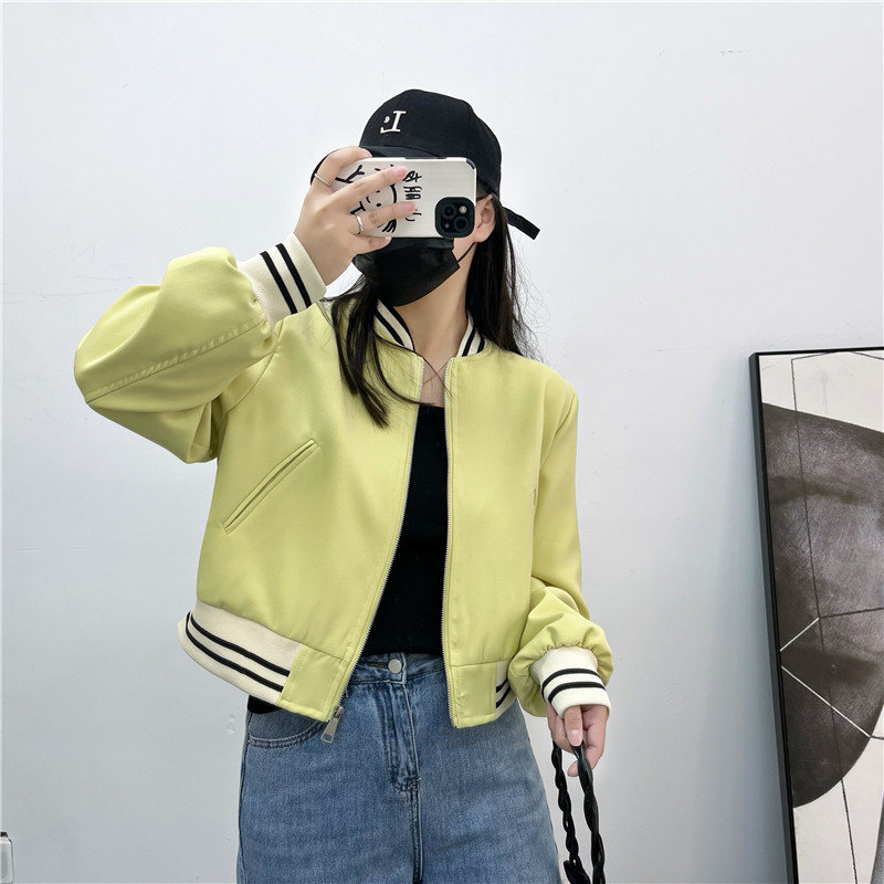 圆领棒球服短外套女款黄绿色夹克衫韩版拉链设计上衣