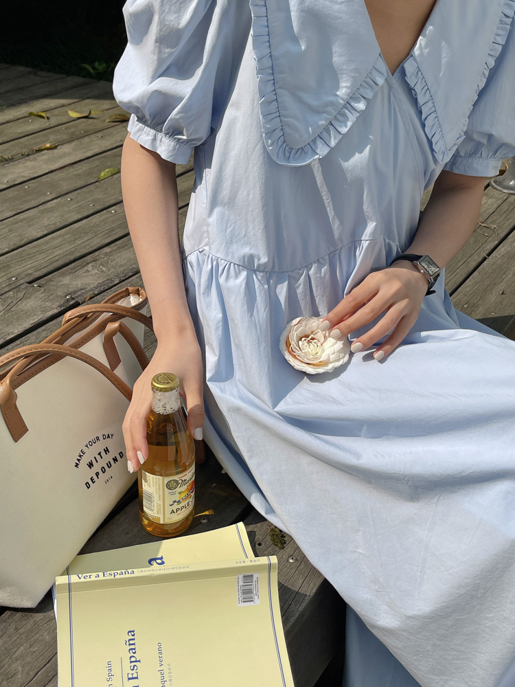 韩版木耳边大翻领系带一片式复古泡泡短袖连衣裙