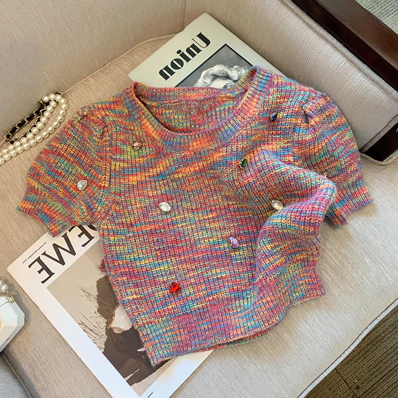 短袖针织毛衣女夏季高腰短款小个子辣妹打底衫显瘦上衣