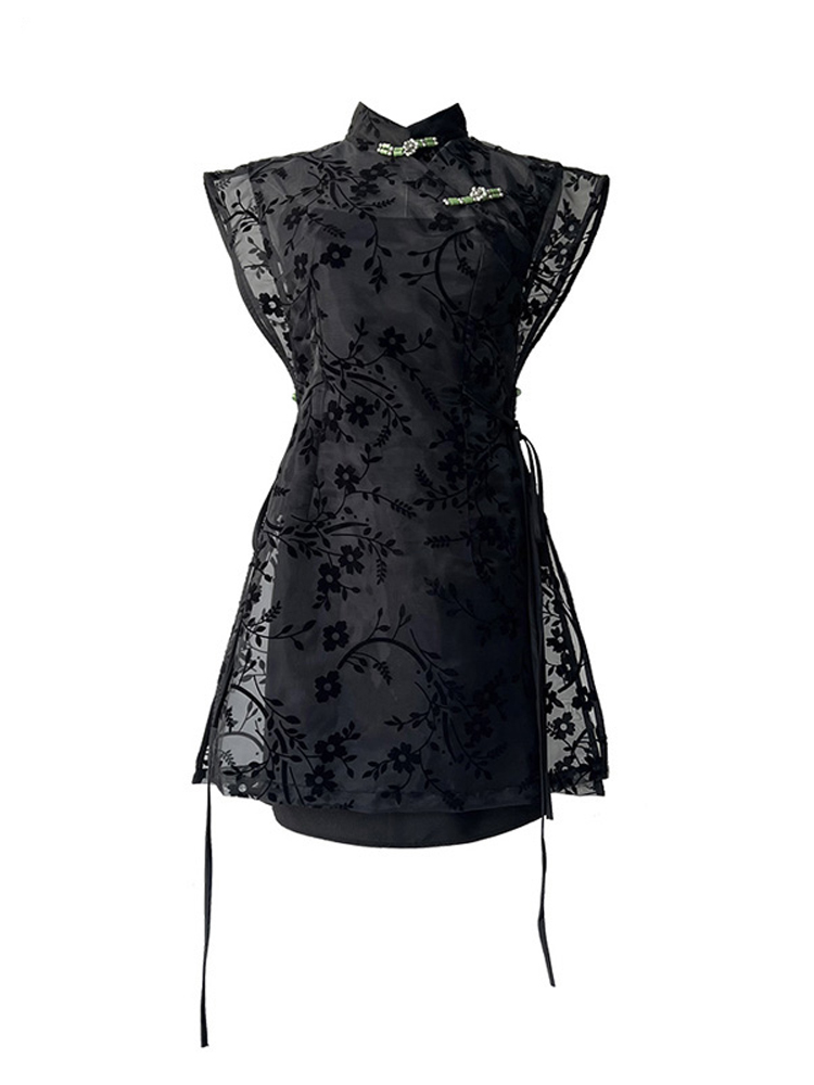 系带神秘玫瑰印花连衣裙小众设计