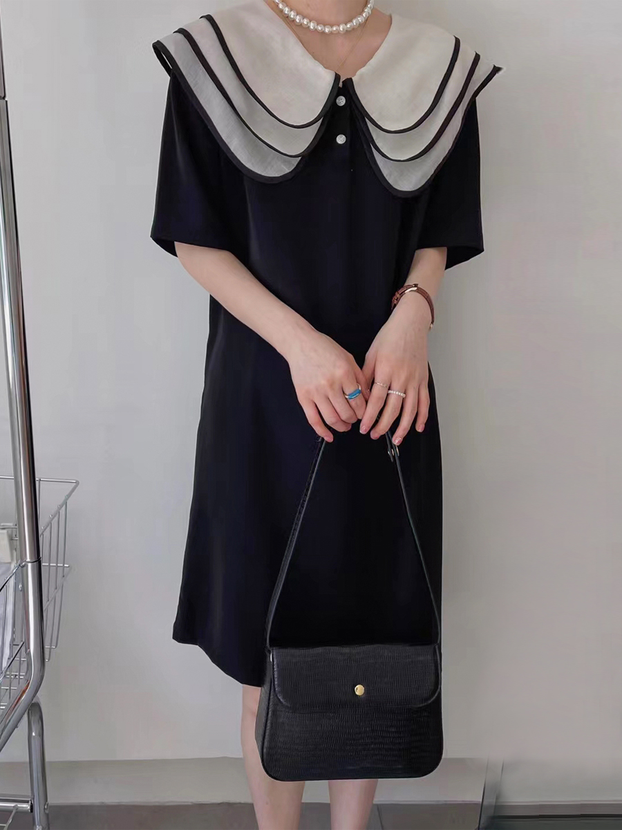 多层娃娃领直筒连衣裙女欧洲站夏装款欧货女装中长款裙子潮