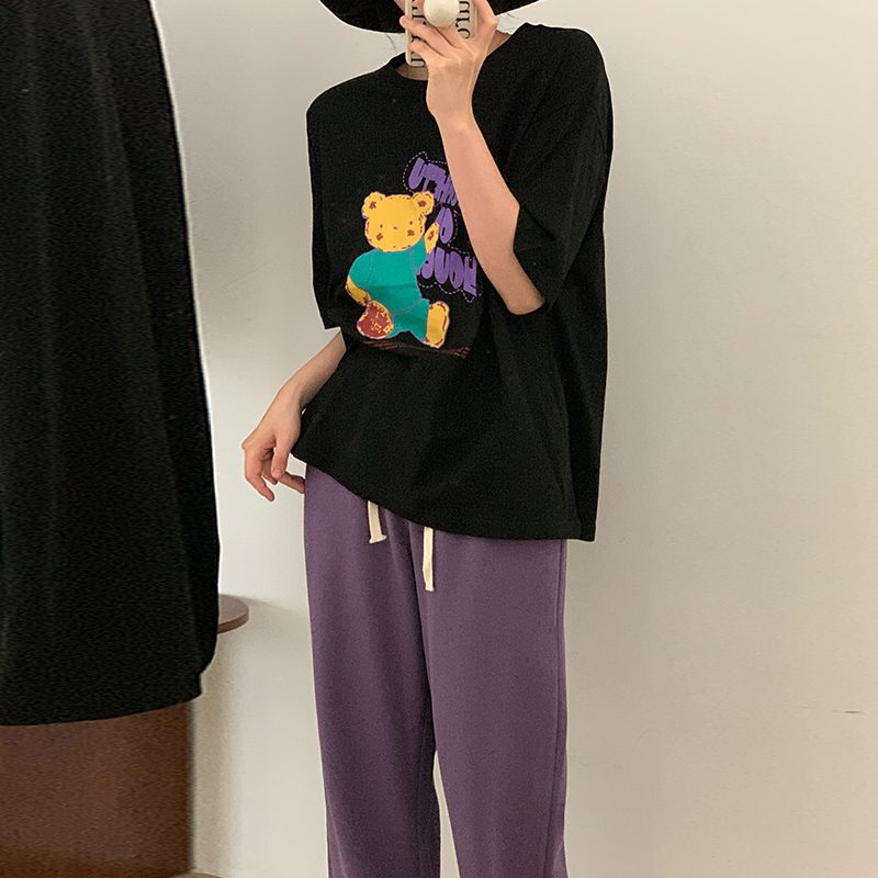 韩国chic夏季简约圆领卡通字母印花宽松短袖T恤