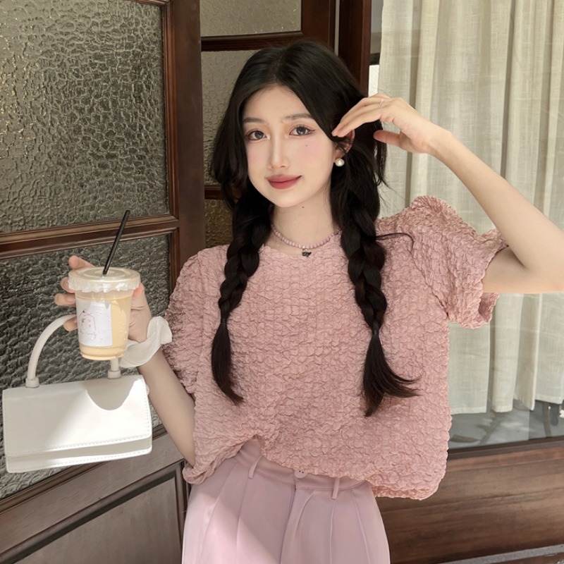 粉色褶皱泡泡袖上衣女装夏季新款设计感小众显瘦别致短袖T恤