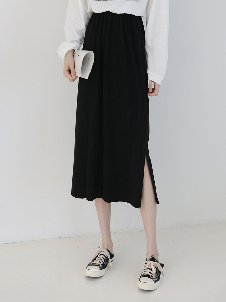 新款韩版气质洋气黑色松紧腰开叉半身裙子女中长款