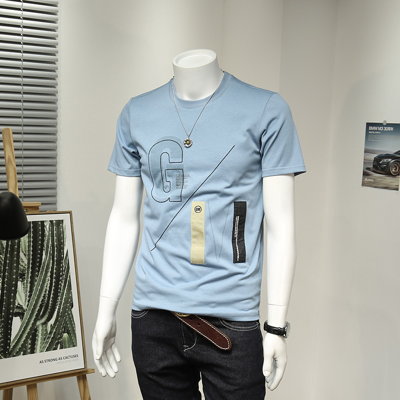 时尚个性贴布刺绣印花短袖t恤男韩版休闲弹力棉上衣帅气圆领体恤