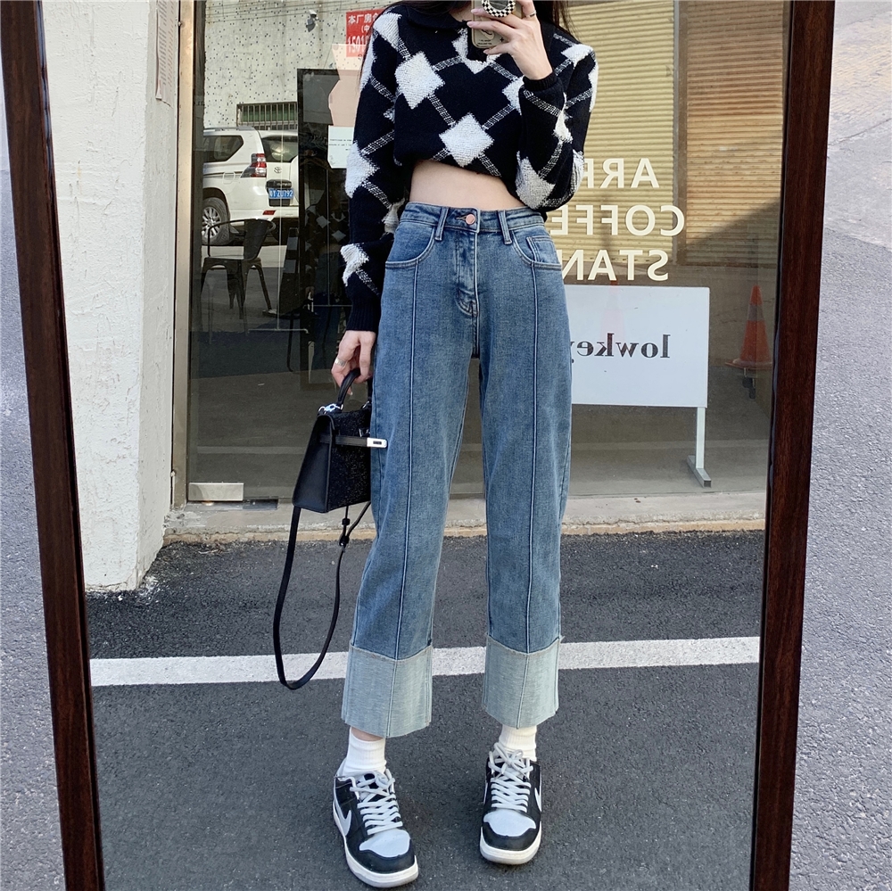 拼接撞色牛仔裤女夏天复古高腰翻边直筒宽松小个子九分烟管裤