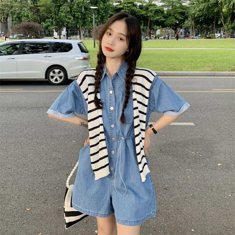 新款学院风小个子牛仔短袖连体裤女装披肩高腰休闲短裤