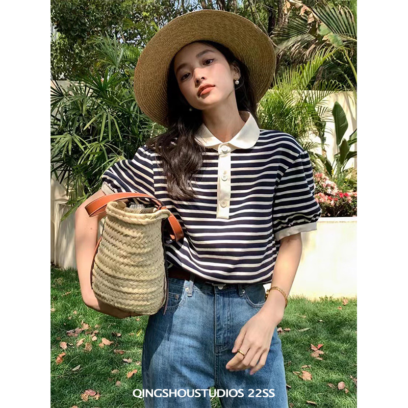 东大门休闲系扣元宝领条纹T恤减龄