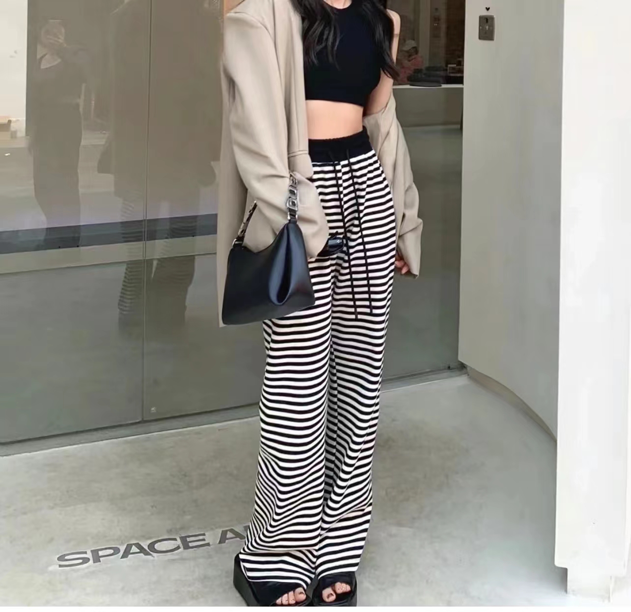 黑白条纹阔腿裤女夏季网红同款高腰显瘦垂感拖地加长裤女潮