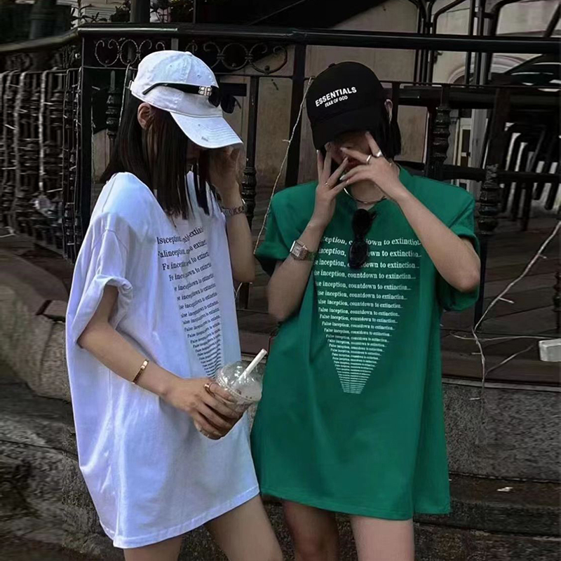 中长款短袖t恤女夏季遮屁股宽松大码纯棉半袖字母印花垫肩上衣潮