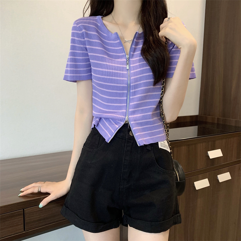 新款针织条纹短袖T恤设计感开衫别致独特短款上衣女潮