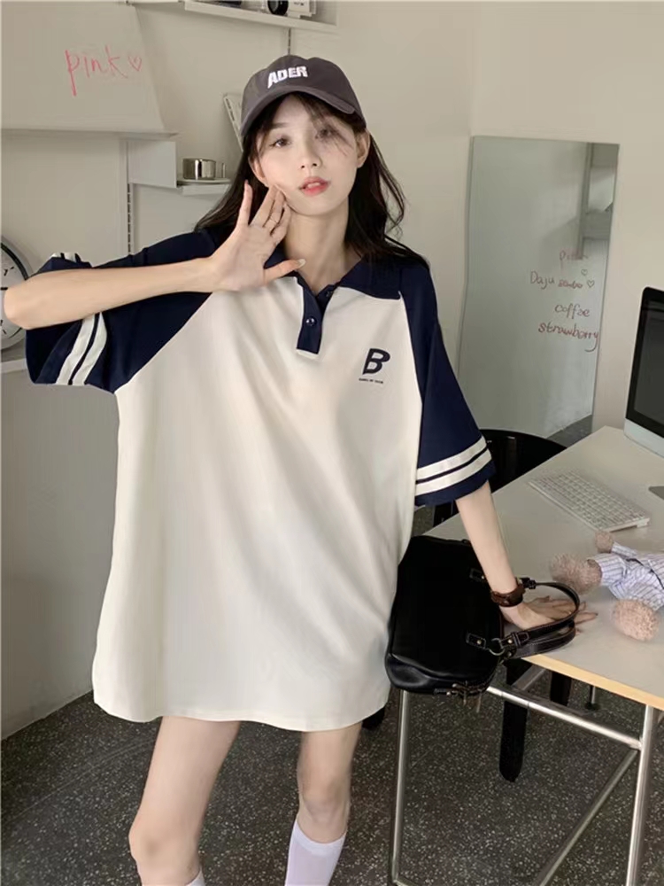 拼色条纹Polo衫短袖上衣女中长款宽松韩版简约印花休闲大版
