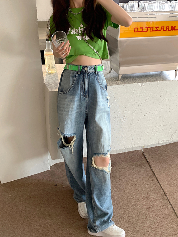 可调节腰围 破洞牛仔裤女夏薄款新款高腰阔腿裤长裤