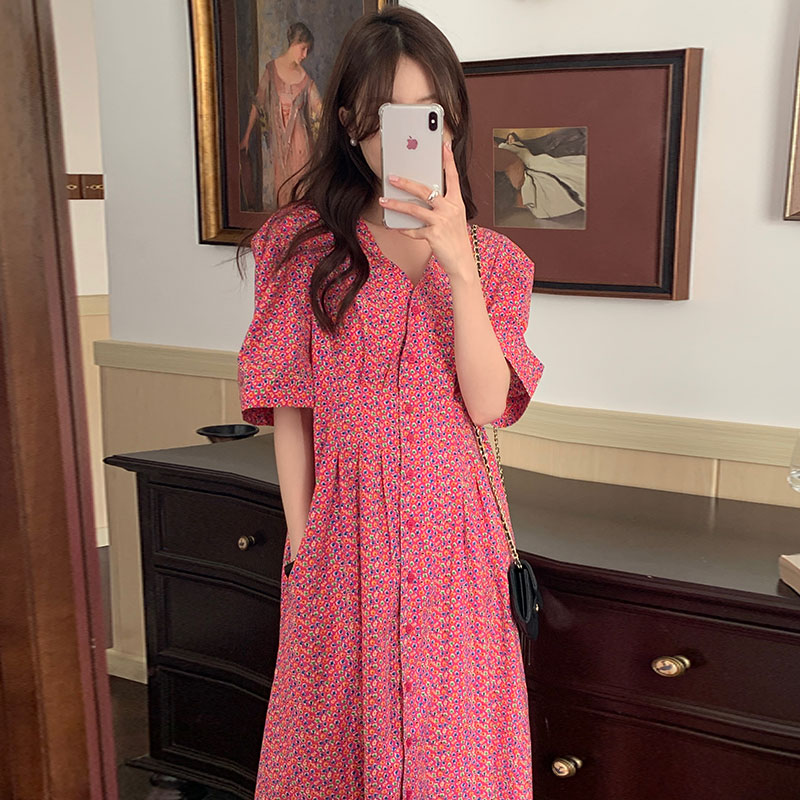 韩国chic夏季复古V领单排扣满屏碎花收腰显瘦中长款短袖连衣裙女