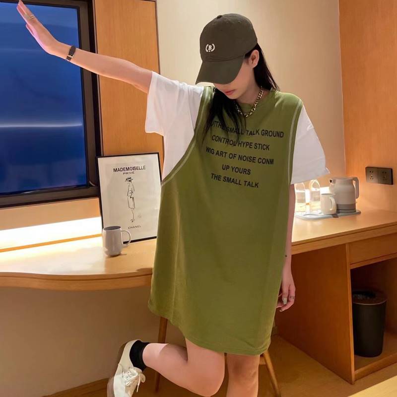 夏装新款小个子气质字母时髦宽松休闲运动假两件连衣裙女潮