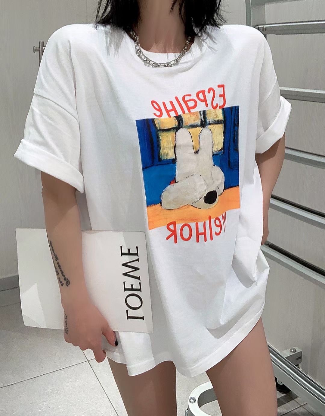 夏季新款欧货卡通印花白色T恤女短袖宽松大版叠穿体恤上衣潮