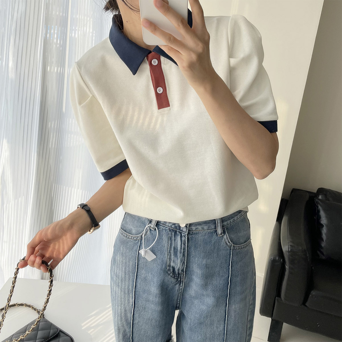 设计感拼色领恤休闲显瘦泡泡袖上衣女白色T恤