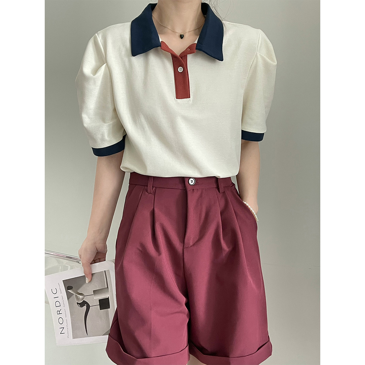 夏翻领POLO袖学院风撞色宽松短袖薄款减龄女针织衫