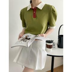 夏翻领POLO袖学院风撞色宽松短袖薄款减龄女针织衫