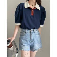 夏翻领POLO袖学院风撞色宽松短袖薄款减龄女针织衫